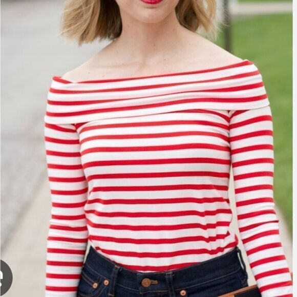 J Crew red/white striped off the shoulder top Sz L - Picture 1 of 4
